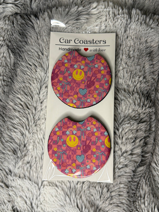 Retro Smiley (Pink) Car Coasters
